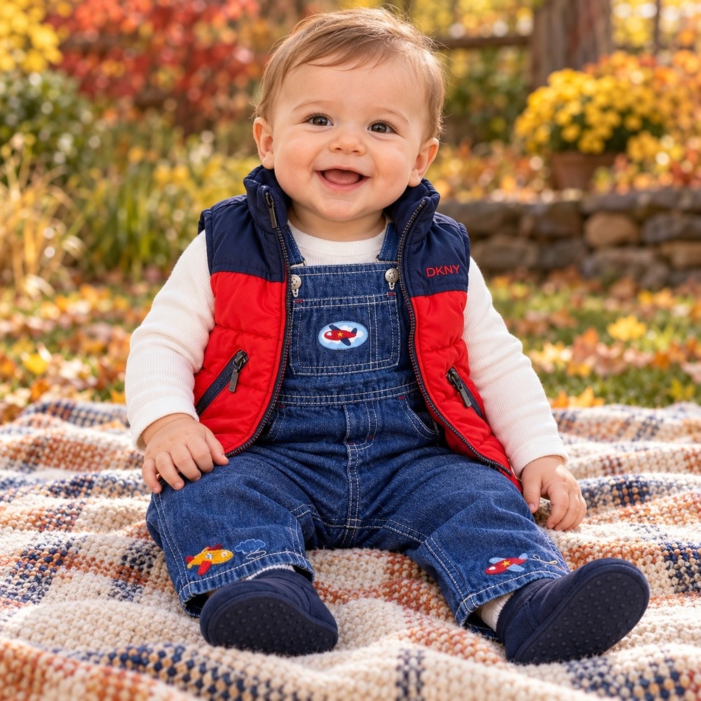 DKNY Red Navy Puffer Vest 12M & First Moments Airplane Denim Overalls 6-9M Set